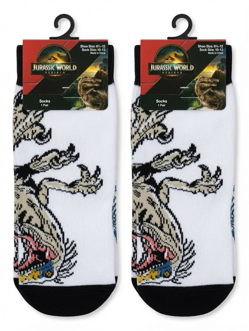 Jurassic World T. rex Men’s Crew Socks Size 10-13 1 Pair White/Black Mid Calf
